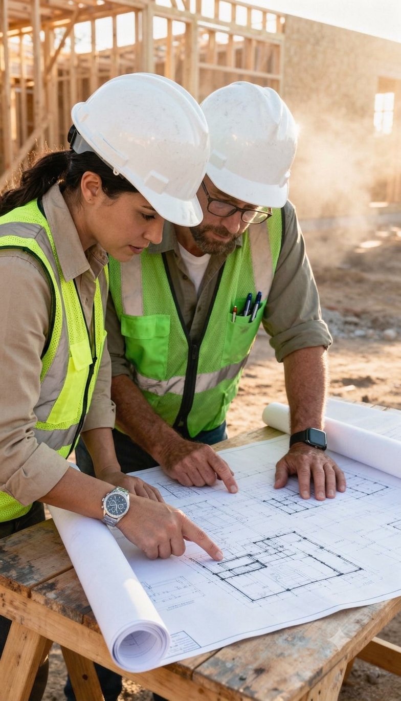 Equipa técnica da DBD a analisar plantas no canteiro de obra