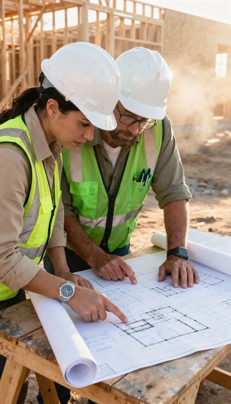 Equipa técnica da DBD a analisar plantas no canteiro de obra